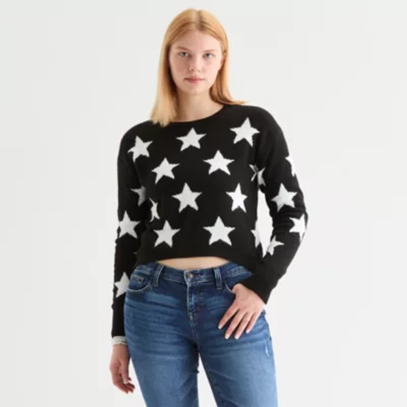 Self Esteem Juniors Womens Crew Neck Long Sleeve Star Pullover Sweater