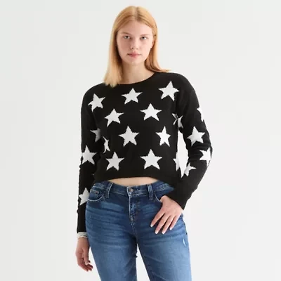 Self Esteem Juniors Womens Crew Neck Long Sleeve Star Pullover Sweater