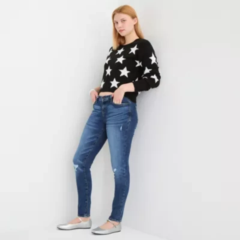 Self Esteem Juniors Womens Crew Neck Long Sleeve Star Pullover Sweater