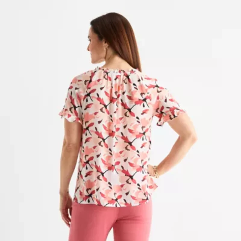 Liz Claiborne Womens Split Tie Neck Short Sleeve Blouse