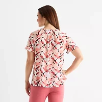 Liz Claiborne Womens Split Tie Neck Short Sleeve Blouse