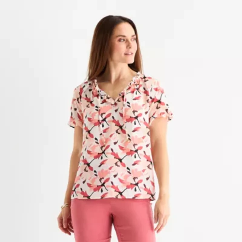 Liz Claiborne Womens Split Tie Neck Short Sleeve Blouse