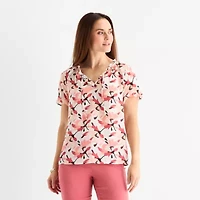 Liz Claiborne Womens Split Tie Neck Short Sleeve Blouse