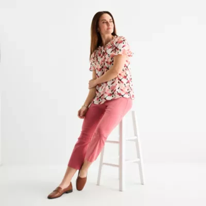 Liz Claiborne Womens Split Tie Neck Short Sleeve Blouse