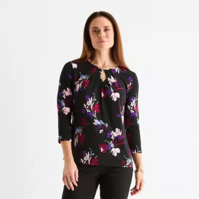 Liz Claiborne Womens Keyhole Neck 3/4 Sleeve Blouse