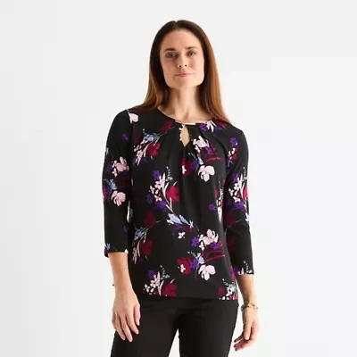 Liz Claiborne Womens Keyhole Neck 3/4 Sleeve Blouse