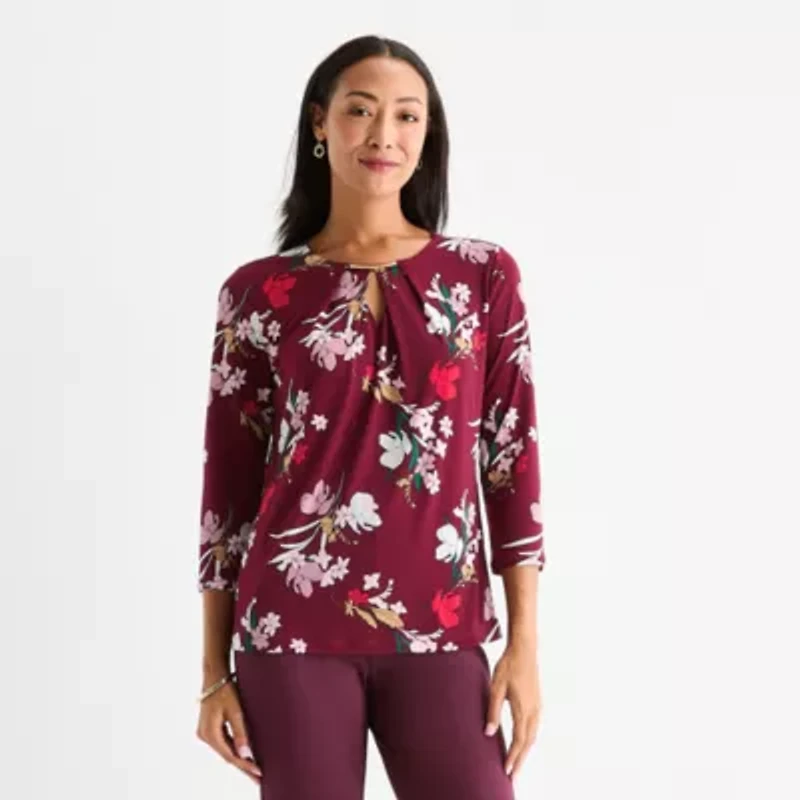Liz Claiborne Womens Keyhole Neck 3/4 Sleeve Blouse
