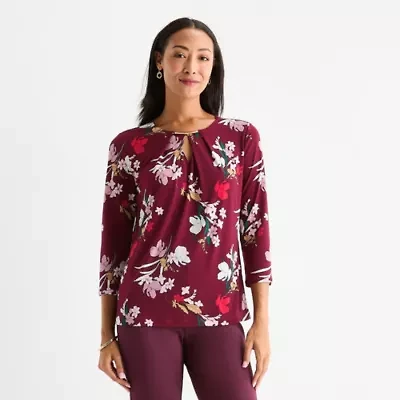 Liz Claiborne Womens Keyhole Neck 3/4 Sleeve Blouse