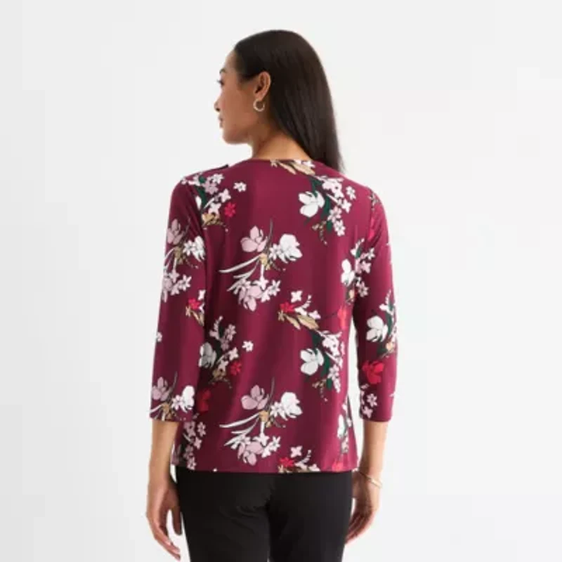Liz Claiborne Womens Easy-on + Easy-off Round Neck 3/4 Sleeve Adaptive Blouse