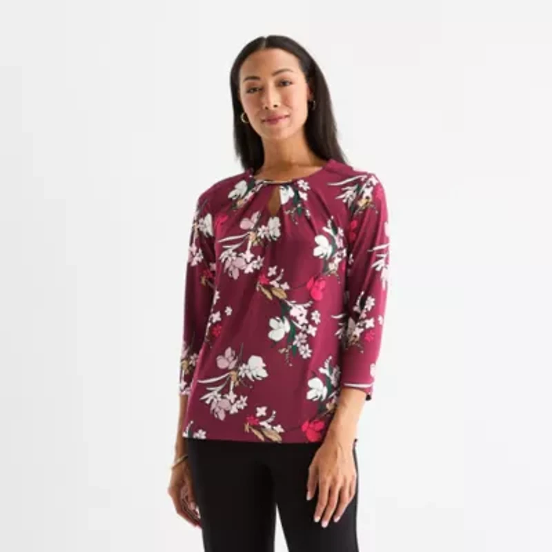 Liz Claiborne Womens Easy-on + Easy-off Round Neck 3/4 Sleeve Adaptive Blouse