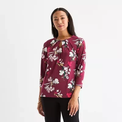 Liz Claiborne Womens Easy-on + Easy-off Round Neck 3/4 Sleeve Adaptive Blouse