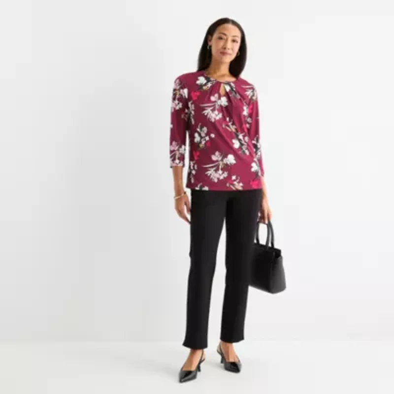 Liz Claiborne Womens Easy-on + Easy-off Round Neck 3/4 Sleeve Adaptive Blouse