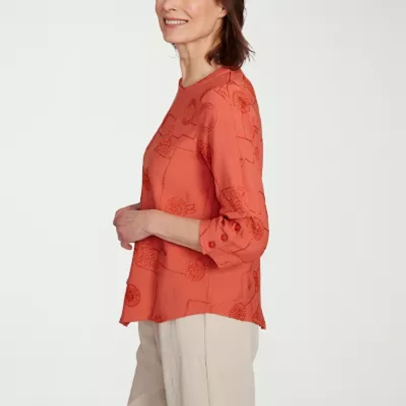 Alfred Dunner Copper Canyon Womens Crew Neck 3/4 Sleeve Blouse