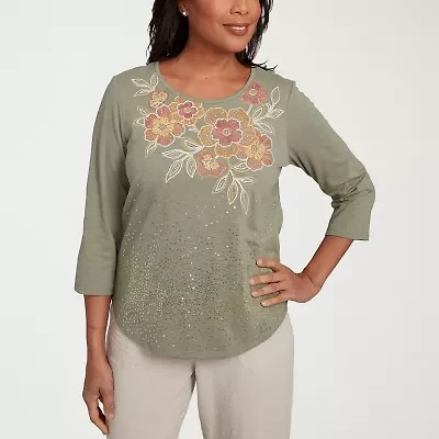 Alfred Dunner Copper Canyon Womens Crew Neck 3/4 Sleeve T-Shirt