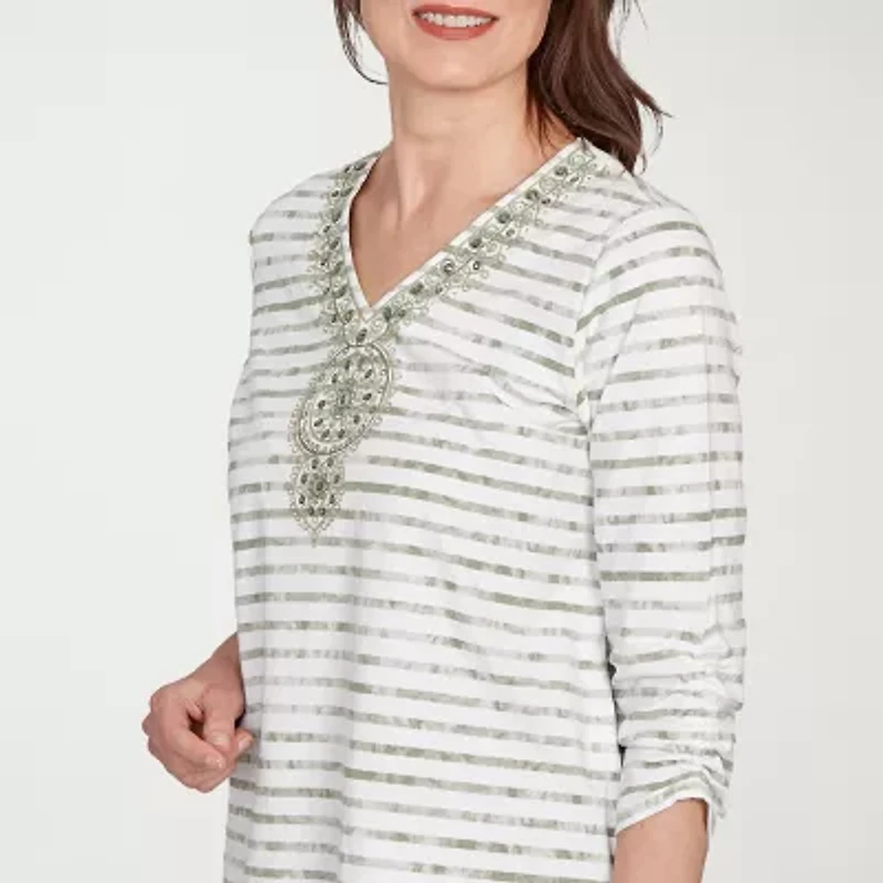Alfred Dunner Copper Canyon Womens V Neck 3/4 Sleeve T-Shirt