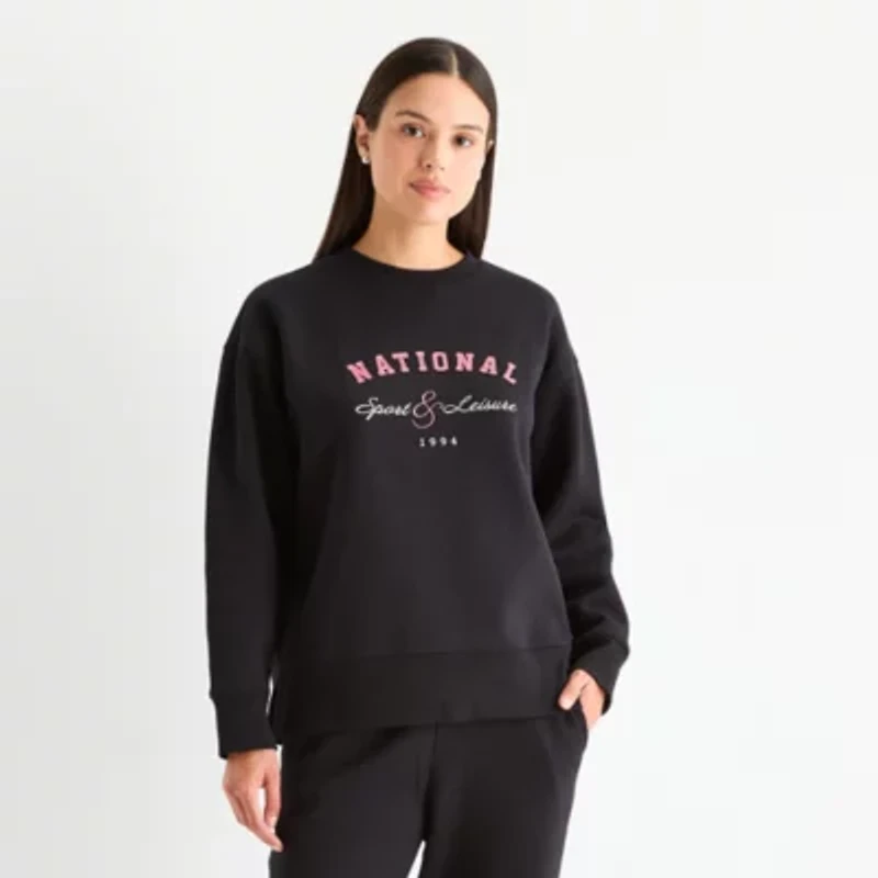 Xersion Womens Oversized Super Soft Fleece Graphic Crewneck Sweatshirt