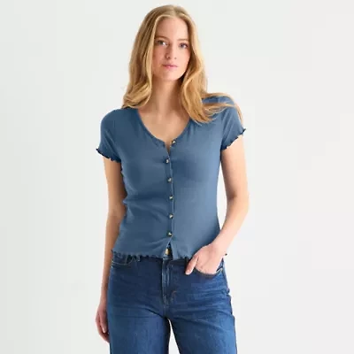 a.n.a Ribbed Womens V Neck Short Sleeve Regular Fit Button-Down Shirt