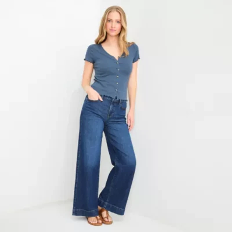 a.n.a Ribbed Womens V Neck Short Sleeve Regular Fit Button-Down Shirt