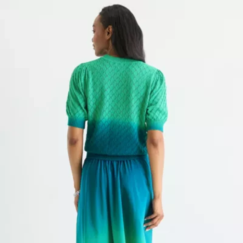 Liz Claiborne Womens Crew Neck Short Sleeve Ombre Pullover Sweater