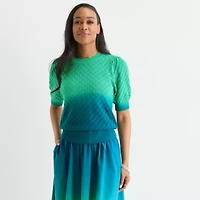 Liz Claiborne Womens Crew Neck Short Sleeve Ombre Pullover Sweater