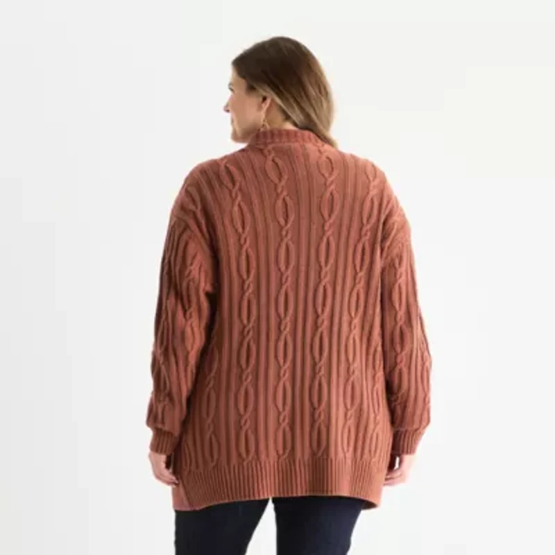 St. John's Bay Plus Womens Long Sleeve Cable Knit Cardigan