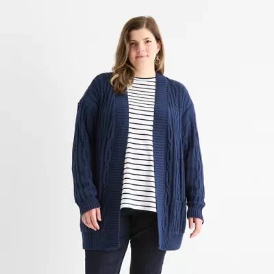 St. John's Bay Plus Womens Long Sleeve Cable Knit Cardigan