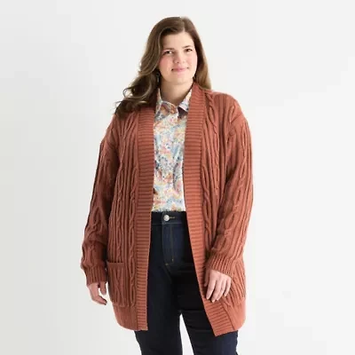 St. John's Bay Plus Womens Long Sleeve Cable Knit Cardigan