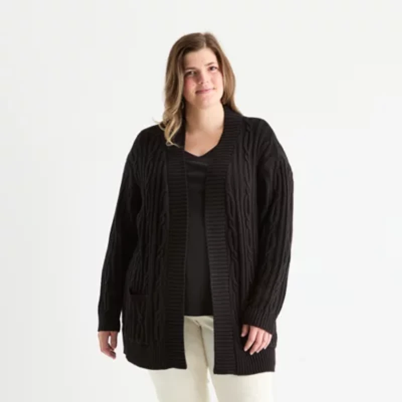 St. John's Bay Plus Womens Long Sleeve Cable Knit Cardigan