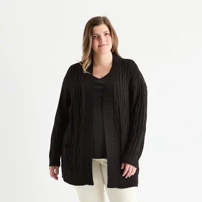 St. John's Bay Plus Womens Long Sleeve Cable Knit Cardigan
