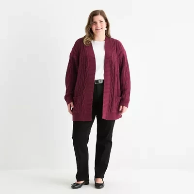 St. John's Bay Plus Womens Long Sleeve Cable Knit Cardigan