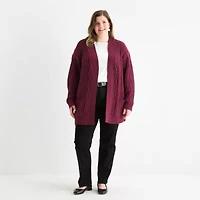 St. John's Bay Plus Womens Long Sleeve Cable Knit Cardigan