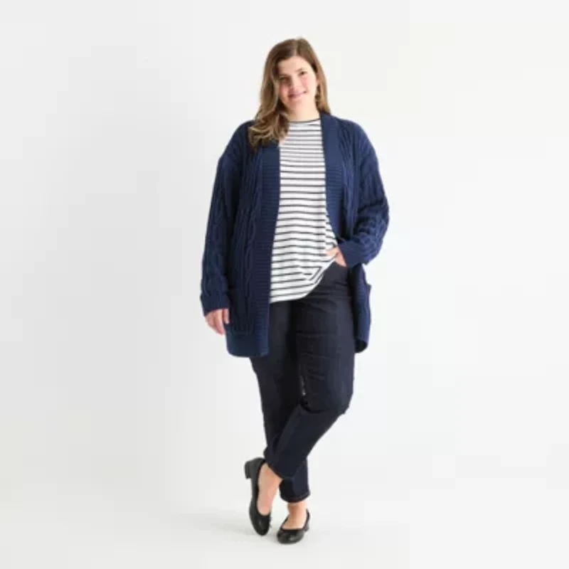 St. John's Bay Plus Womens Long Sleeve Cable Knit Cardigan