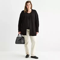St. John's Bay Plus Womens Long Sleeve Cable Knit Cardigan