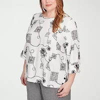 Alfred Dunner Santa Barbara Womens Crew Neck 3/4 Sleeve Plus Blouse