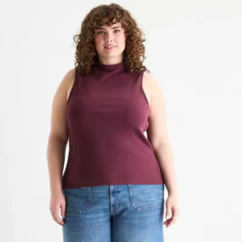 a.n.a Ribbed Womens Plus Funnel Neck Sleeveless T-Shirt