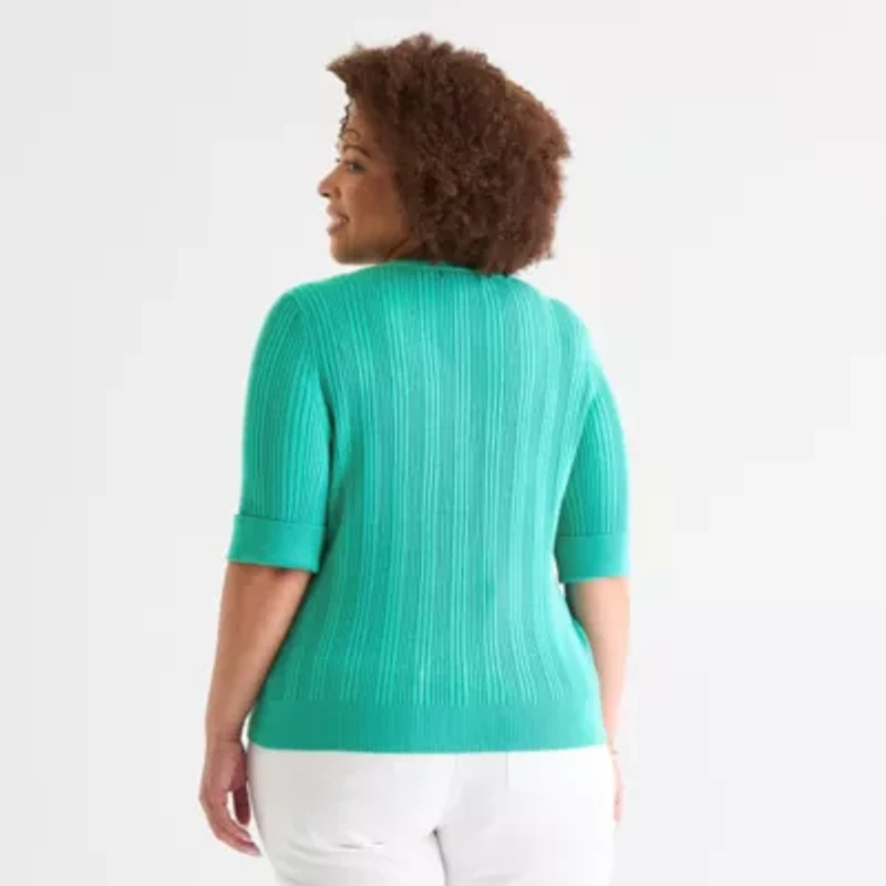 Liz Claiborne Plus Womens V Neck Elbow Sleeve Pullover Sweater