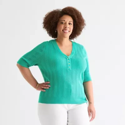 Liz Claiborne Plus Womens V Neck Elbow Sleeve Pullover Sweater