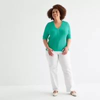 Liz Claiborne Plus Womens V Neck Elbow Sleeve Pullover Sweater