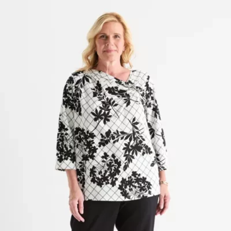 Liz Claiborne Womens Asymmetrical Neck 3/4 Sleeve Plus Blouse