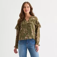 Frye and Co. Womens Split Crew Neck Long Sleeve Blouse