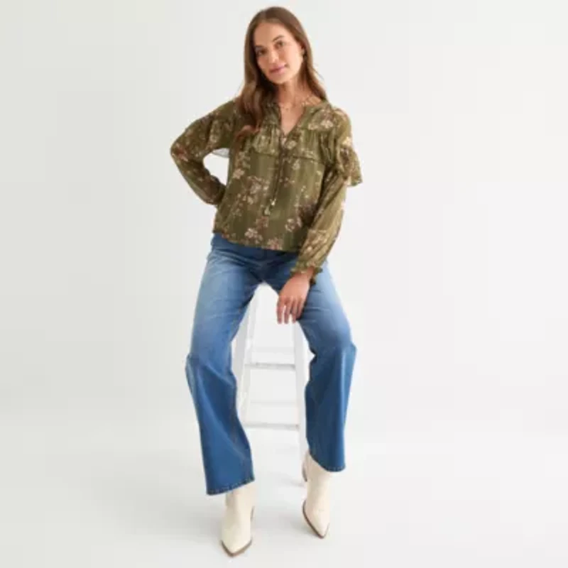 Frye and Co. Womens Split Crew Neck Long Sleeve Blouse