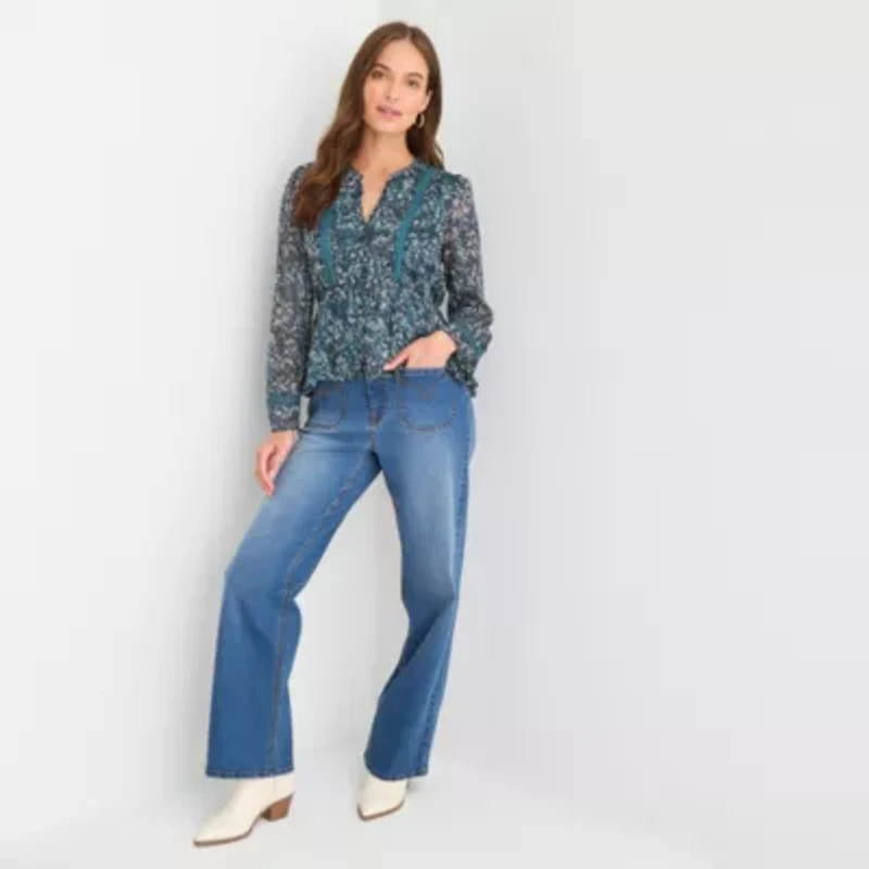 Frye and Co. Womens Split Crew Neck Long Sleeve Blouse