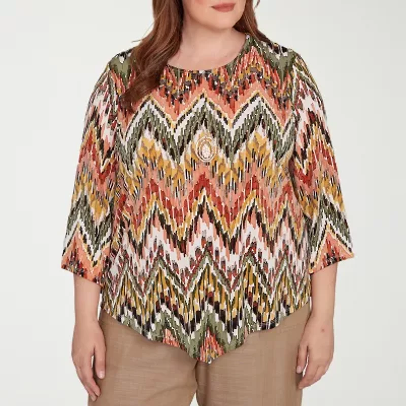 Alfred Dunner Copper Canyon Womens Crew Neck 3/4 Sleeve Plus T-Shirt
