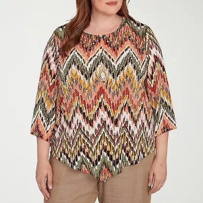 Alfred Dunner Copper Canyon Womens Crew Neck 3/4 Sleeve Plus T-Shirt