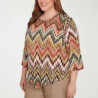 Alfred Dunner Copper Canyon Womens Crew Neck 3/4 Sleeve Plus T-Shirt