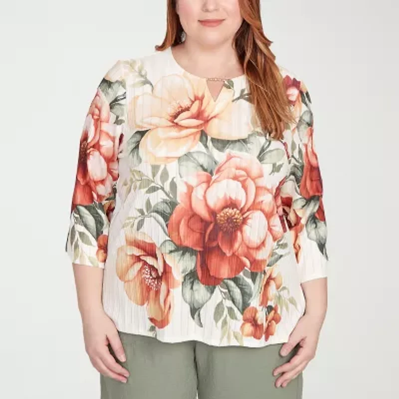 Alfred Dunner Copper Canyon Womens Split Crew Neck 3/4 Sleeve Plus T-Shirt