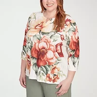 Alfred Dunner Copper Canyon Womens Split Crew Neck 3/4 Sleeve Plus T-Shirt