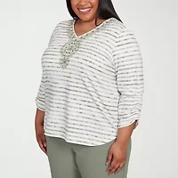 Alfred Dunner Copper Canyon Womens V Neck 3/4 Sleeve Plus T-Shirt