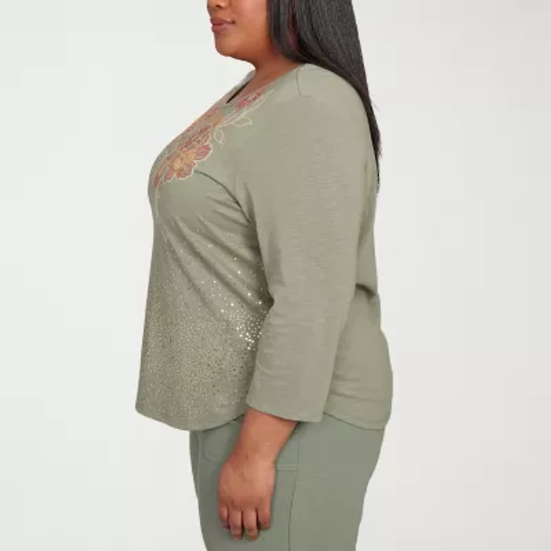 Alfred Dunner Copper Canyon Womens Crew Neck 3/4 Sleeve Plus T-Shirt