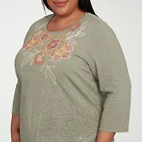 Alfred Dunner Copper Canyon Womens Crew Neck 3/4 Sleeve Plus T-Shirt